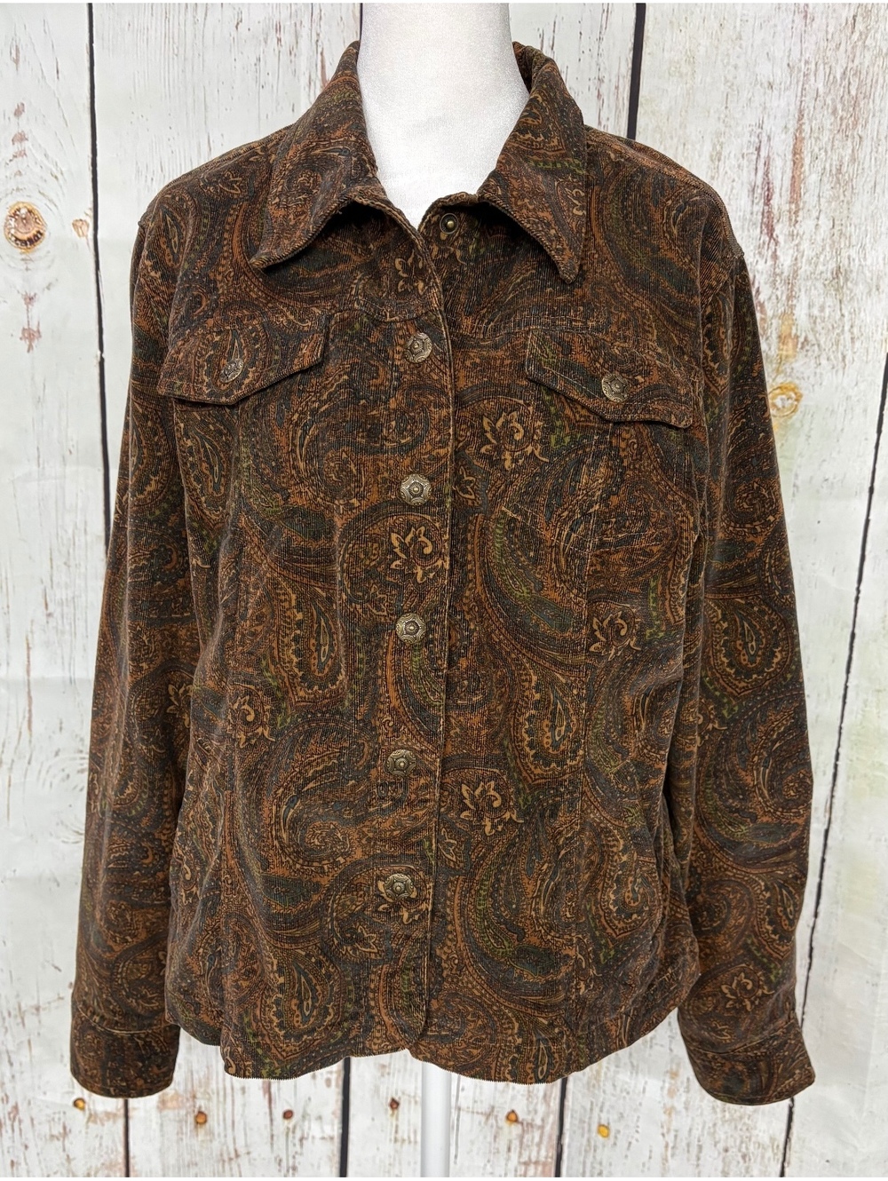 Dressbarn Women’s Corduroy Brown Paisley Shacket  Whimsigoth Boho Size M EUC